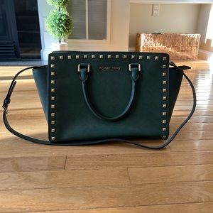Michael Kors Studded Satchel Bag Hunter Green Saffiano Leather